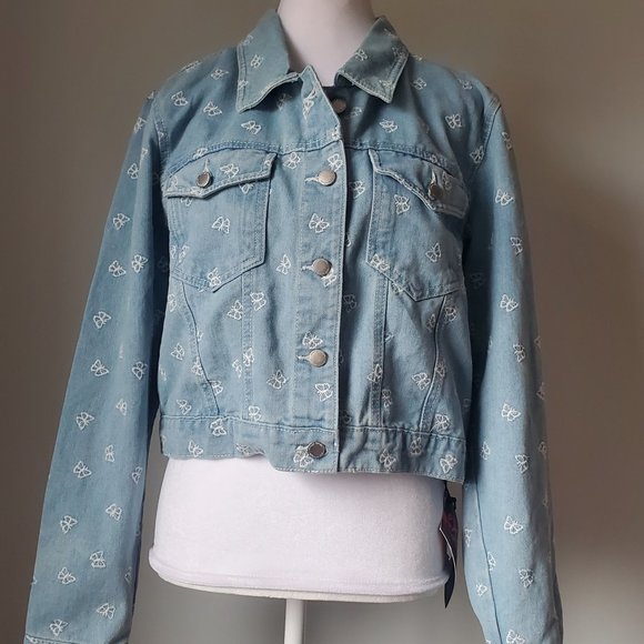 Women's Cropped Denim Jacket Plus Size Jean Jacket Embroidered Butterflies XL - Picture 1 of 10